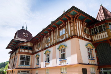 National cultural monument Jurkovicuv house from 1902 in spa town Luhacovice, Czech Republic, sunny...