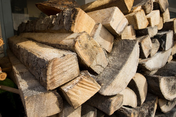Pile of many brown timber. Stacked of timber.
