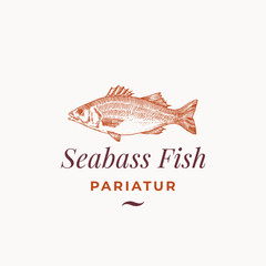 Seabass Fish Abstract Vector Sign, Symbol or Logo Template. Hand Drawn Sea Bass Sketch with Classy Retro Typography. Premium Vintage Vector Emblem.