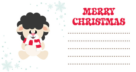 cartoon cute sheep black with scarf sitting on the christmas card