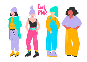 Girl power. Four fashion girls. Colored vector set. All elements are isolated