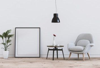 3D rendering of living Room Interior mockup blank poster on a wall