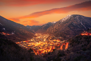 Andorra la Vella skyline at sunset Pyrenees - obrazy, fototapety, plakaty