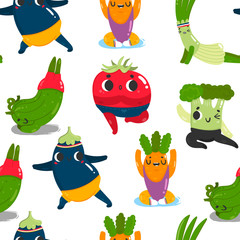 Sporty vegetables in yoga poses. Colored vector seamless pattern