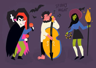 Spooky night. Halloween music artists. Hand drawn vector set. All elements are isolated 