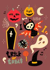 Trick or treat. Hand drawn Halloween symbols. Colored vector set. All elements are isolated