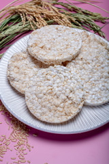 Round crispy rice crackers, dietary concept and healthy vegetarian food