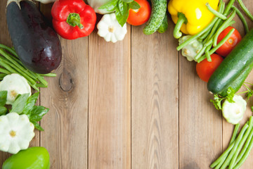 Health food with high fibre. Dietting, whole wheat cerals, grains, vegetables, antioxidants and vitamins: zzuchini, tomatoes, cucumbers, beans. Rustic wooden background top view.