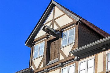 Wolfenbüttel: Giebel historischer Fachwerkgebäude (Niedersachsen)