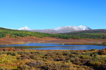 Fototapeta na wymiar Mountain Altai. View of the mountain lake and the Kurai range