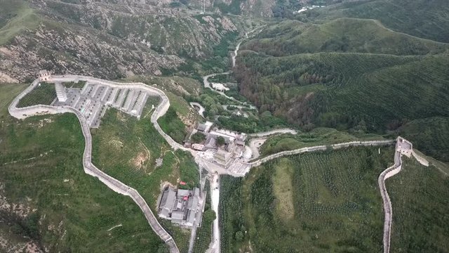 Aerial view of the Yanmenguan Great Wall and green mountain, Shanxi, China