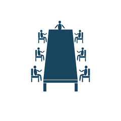 Seven people are sitting on chairs at the table at the meeting on the white background. Vector illustration