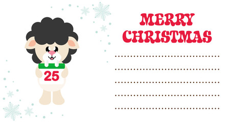cartoon cute sheep black with christmas calendar on the christmas card