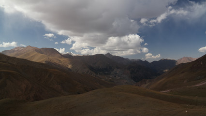Panorama view to Tian Shan mountain and Coal Mine Kara-Keche, Naryn Province, Kyrgyzstan
