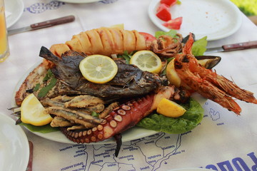 European national dish plate with seafood. Fish, squid, shrimp, oysters flavored with lemon.
