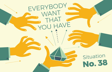 Flat design illustration for presentation, web, landing: The hand holds the jewel, and the other hands reach for it