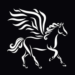 Stately winged horse, white pattern on a black background