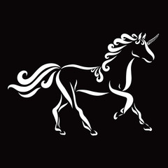 Fototapeta na wymiar Running graceful unicorn on a black background