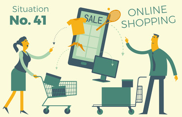 Flat design Illustration for presentation, web, landing page: man and woman make online purchases in the online store on a smartphone. Cyber sale.