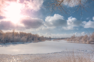Winter river landscape on a frosty day in nature