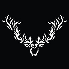 Deer head with big horns and heart, black background