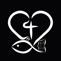 Heart with a cross, fish and a book on a black background