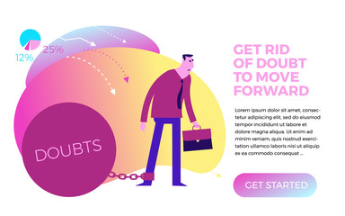 Flat design llustration for presentation, web, landing page: businessman sad man chained to a heavy ball by the leg.