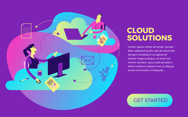 Flat design illustration for presentation, web, landing: businessman and businesswoman working with cloud service.