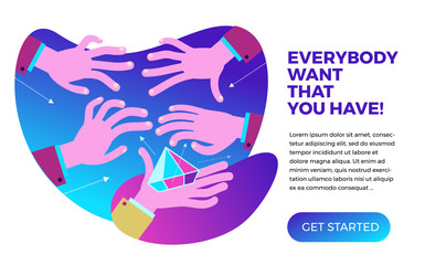 Flat design illustration for presentation, web, landing: The hand holds the jewel, and the other hands reach for it