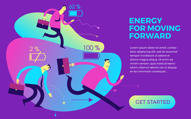 Flat design Illustration for presentation, web, landing page: Full of energy and tired businessman. Powerful person with full charge and uncharged battery. Businessman low charge energy picture.