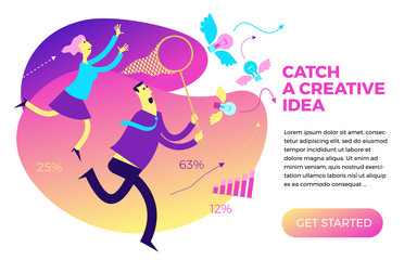Flat design Illustration for presentation, web, landing page: businessman and woman running and catching flying light bulb ideas.