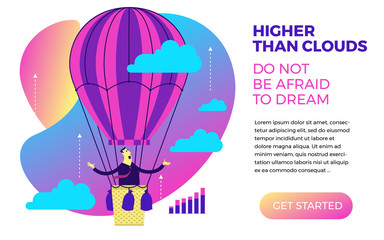Flat illustration for presentation, web, landing page: businessman dreamer flies on a balloon high in the sky among the clouds.