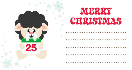 cartoon cute sheep black with scarf and calendar sitting on the christmas card