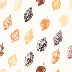 Eco print from autumn leaves. Seamless floral pattern in leaves of ash, birch. Nature simple background for fabric, cloth design, covers, manufacturing, wallpapers, print, gift wrap and scrapbooking.