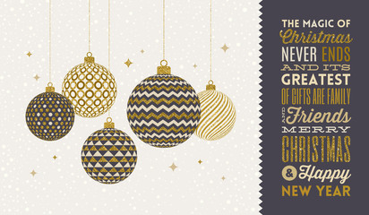 Christmas greeting card - patterned golden baubles on a snowy white background and type design greeting. Vector illustration.