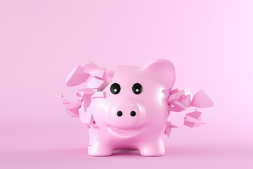 D Rendering, Piggy bank bursting into pieces in front of pink background
