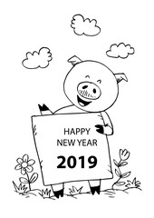 Cute pig holding banner with text happy new year 2019.