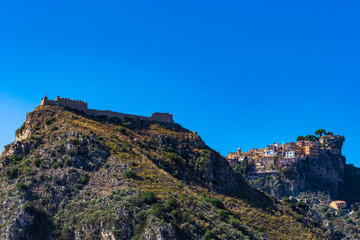 Fototapeta na wymiar Castelmola: typical sicilian village perched on a mountain, close to Taormina. Messina province, Sicily, Italy.