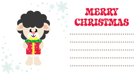 cartoon cute sheep black with christmas gift on the christmas card