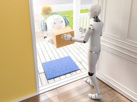 D Rendering, Little drone delivering parcel to a robot