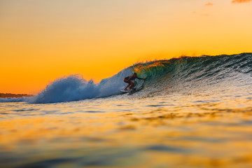 Surf girl on surfboard at sunset. Woman in ocean during surfing. Surfer and  wave
