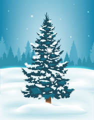 Winter landscape with snowy pine trees and mountains. Holiday backrground. Vector