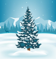 Fototapeta premium Winter landscape with snowy pine trees and mountains. Holiday backrground. Vector