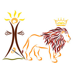 Majestic lion with a crown, a cross with the sun and a sword over a serpent