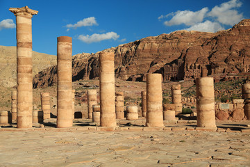 Ancient columns of Great Temple or Temple of Winged Lions in Petra, Jordan