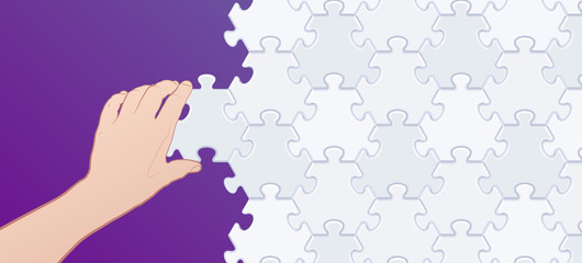 Assembling a Jigsaw Puzzle. Hand of a young girl collecting blank hexagonal pieces of a jigsaw puzzle. Vector graphic template.