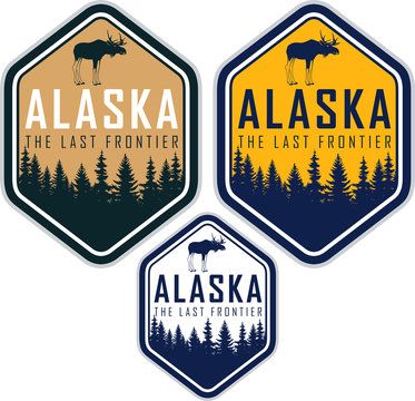 Alaska vector labels with woodland forest and moose