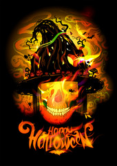Happy halloween holiday card, invitation or poster with witch skull
