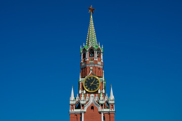 Spasskaya Tower (Saviour Tower)  is the main tower on the eastern wall of the Moscow Kremlin which overlooks the Red Square. Moscow, Russia