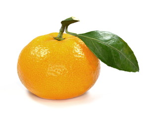 Ripe tangerine with a green leaf close up isolated on white background